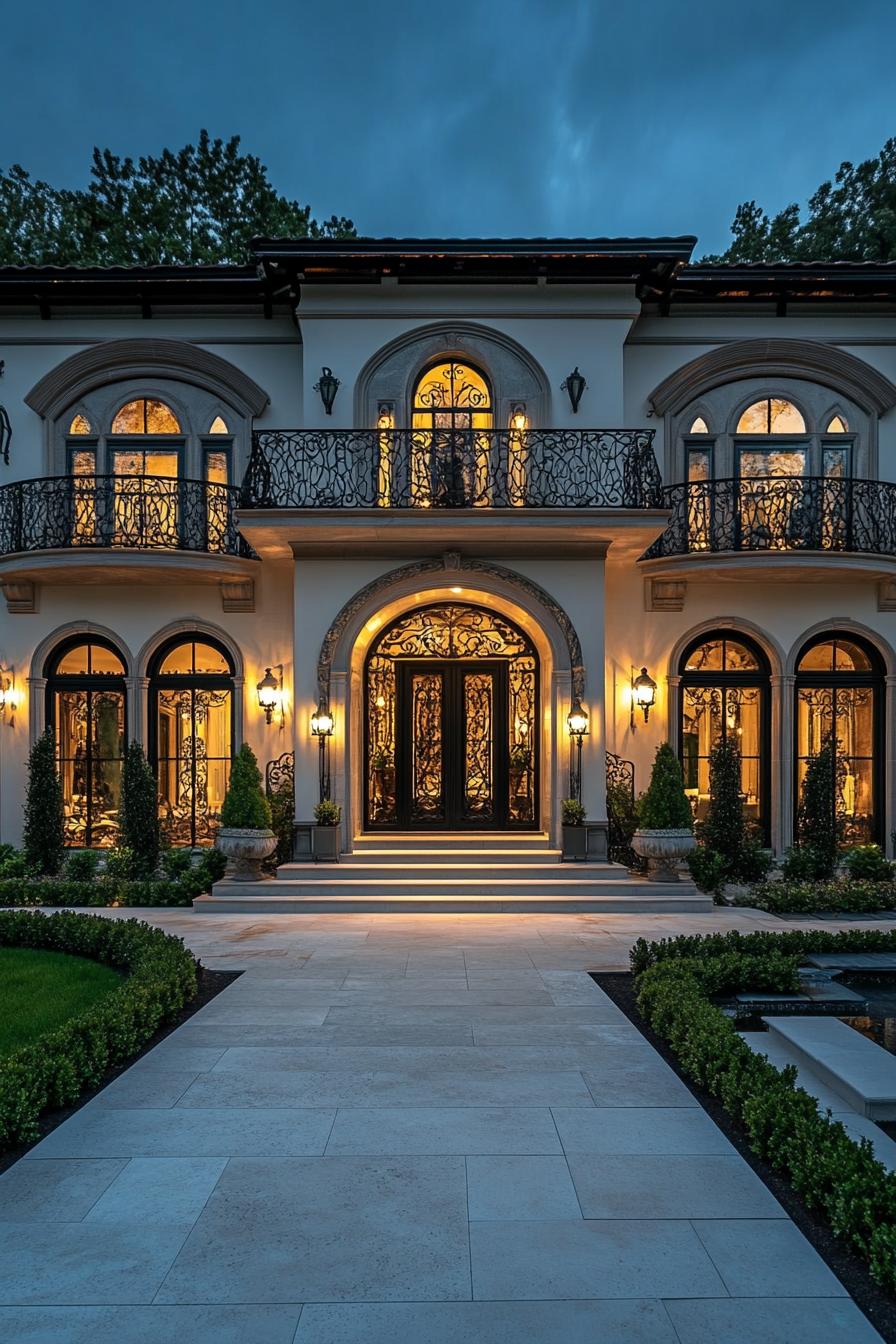 A grand entrance with ornate ironwork and glowing lights