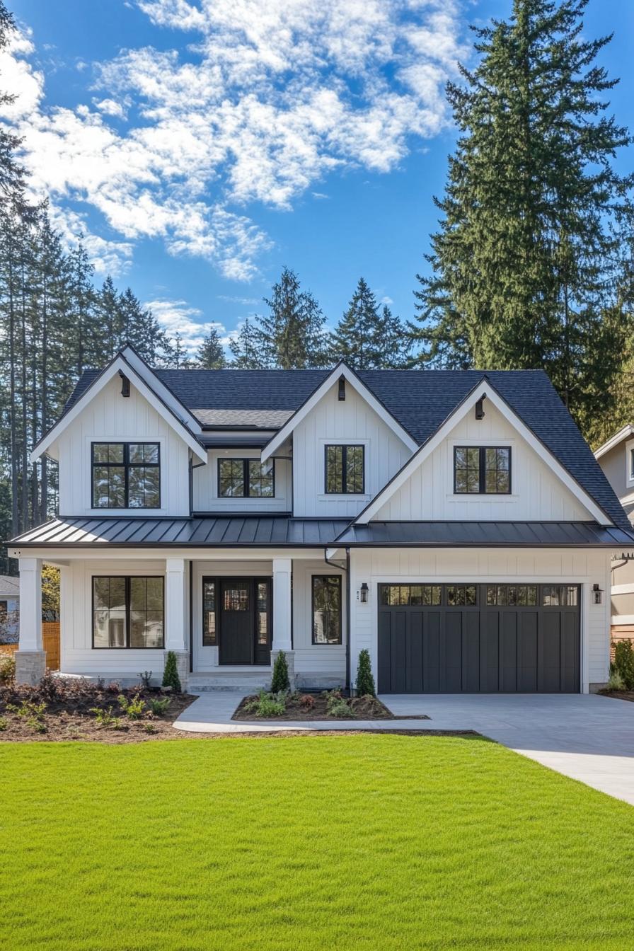 Modern farmhouse with black accents and green lawn