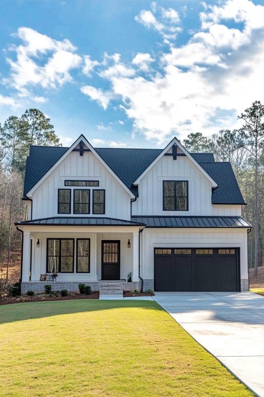 White, two-story house with black accents and lush lawn