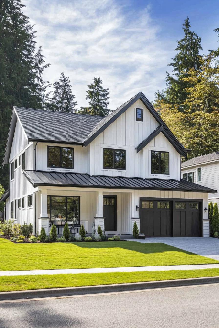 Beautiful two-story white house with a black roof and garage