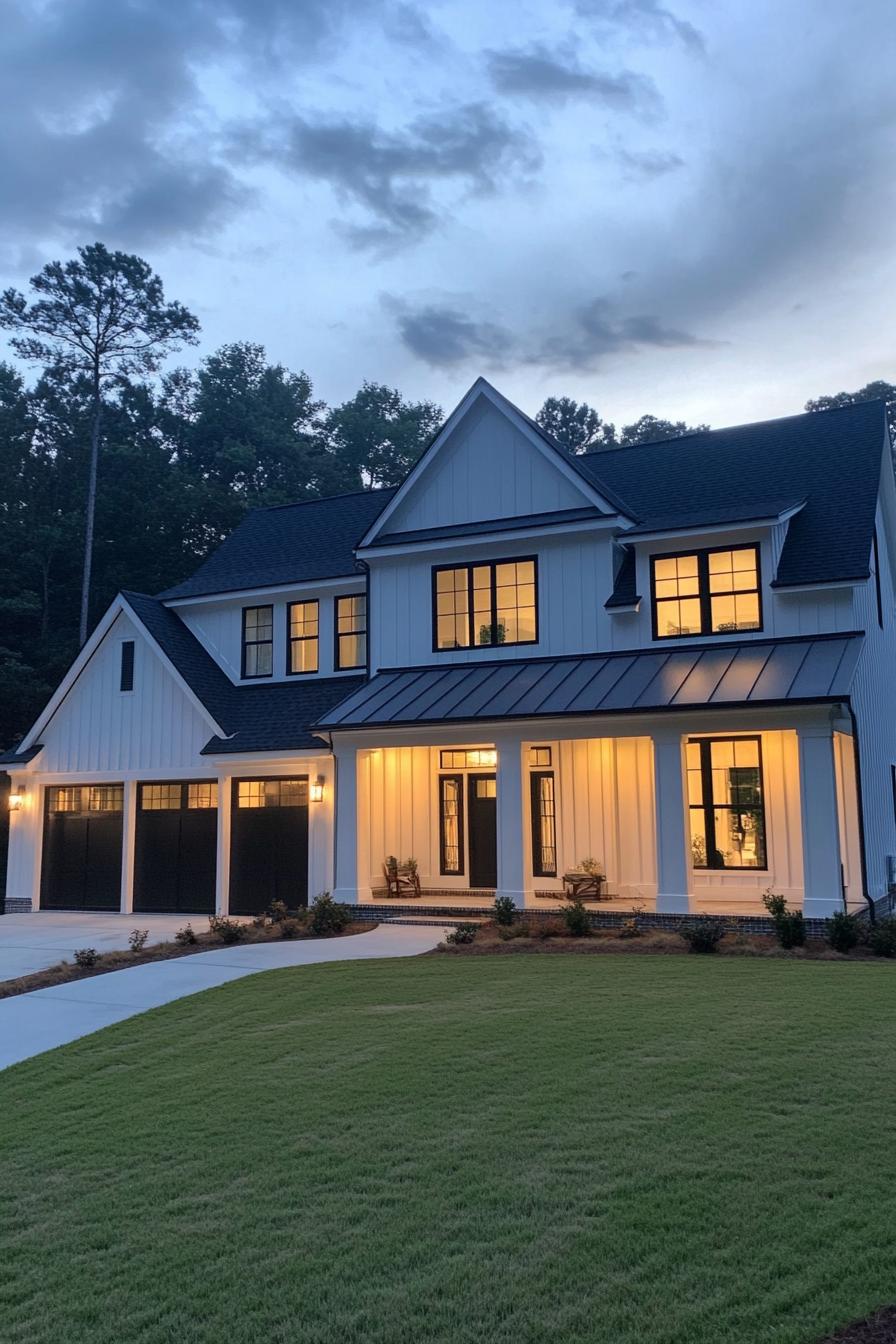 Stylish suburban house at dusk with glowing windows