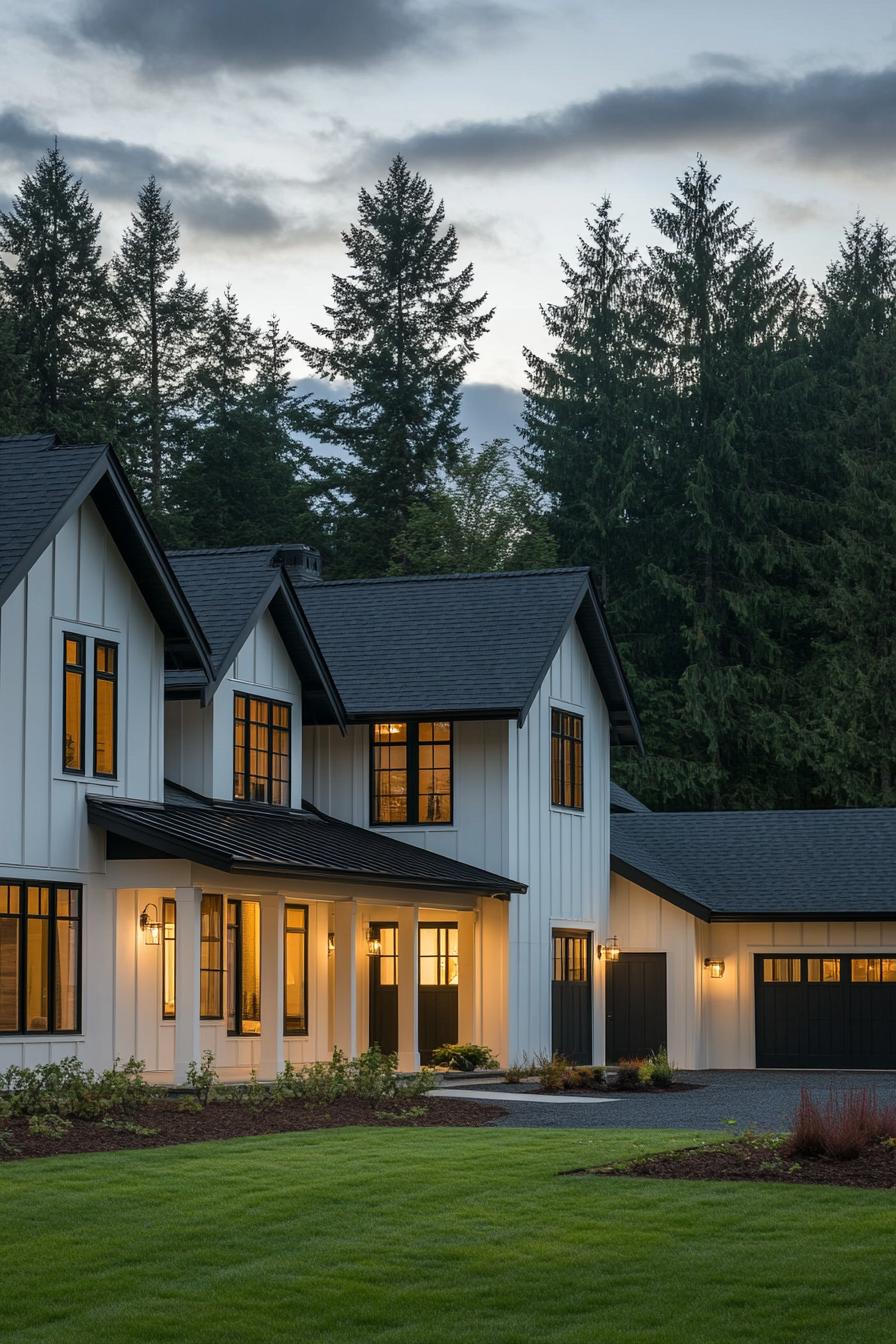 A cozy house with warm lights surrounded by tall trees