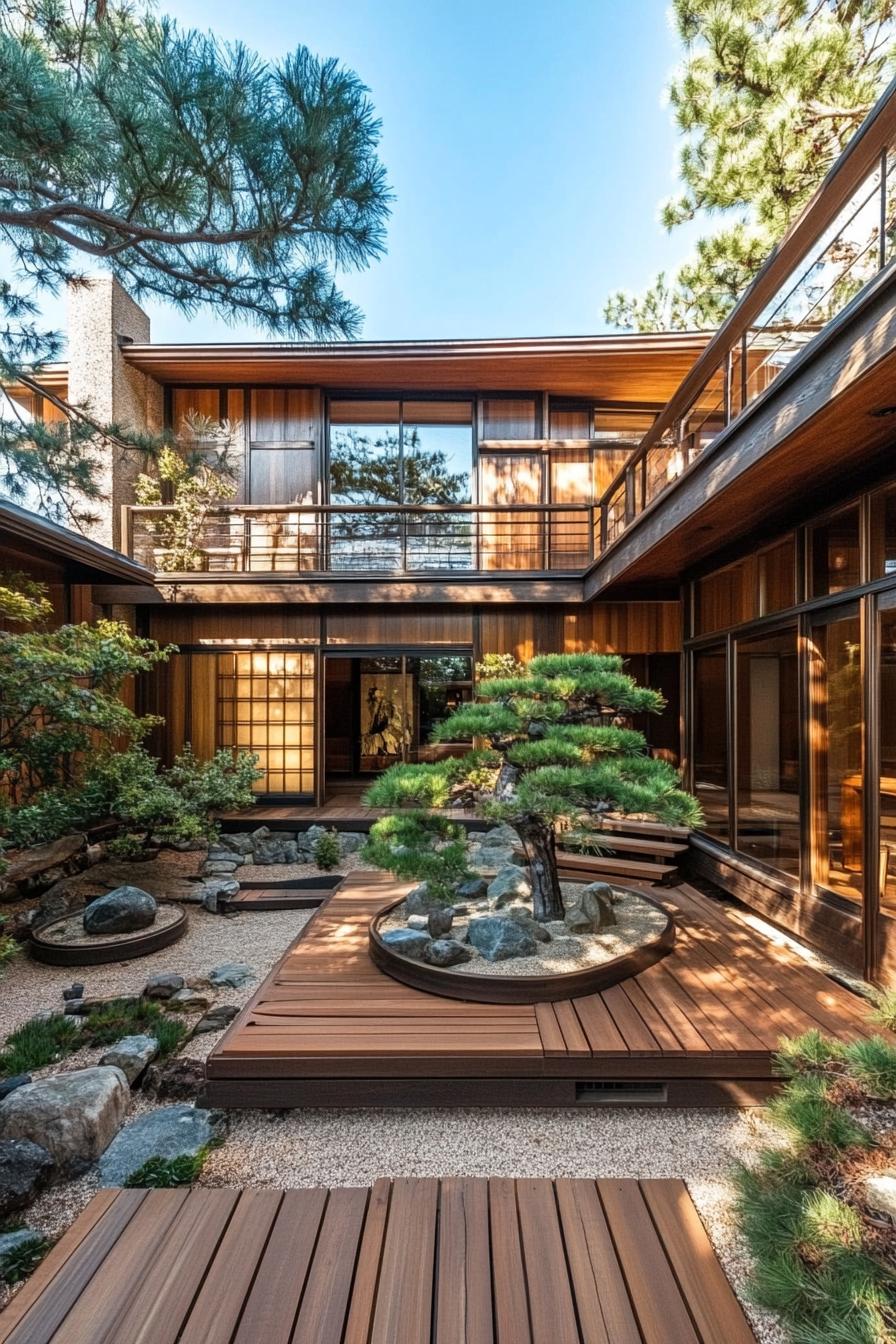 Japanese courtyard with wooden deck and bonsai trees