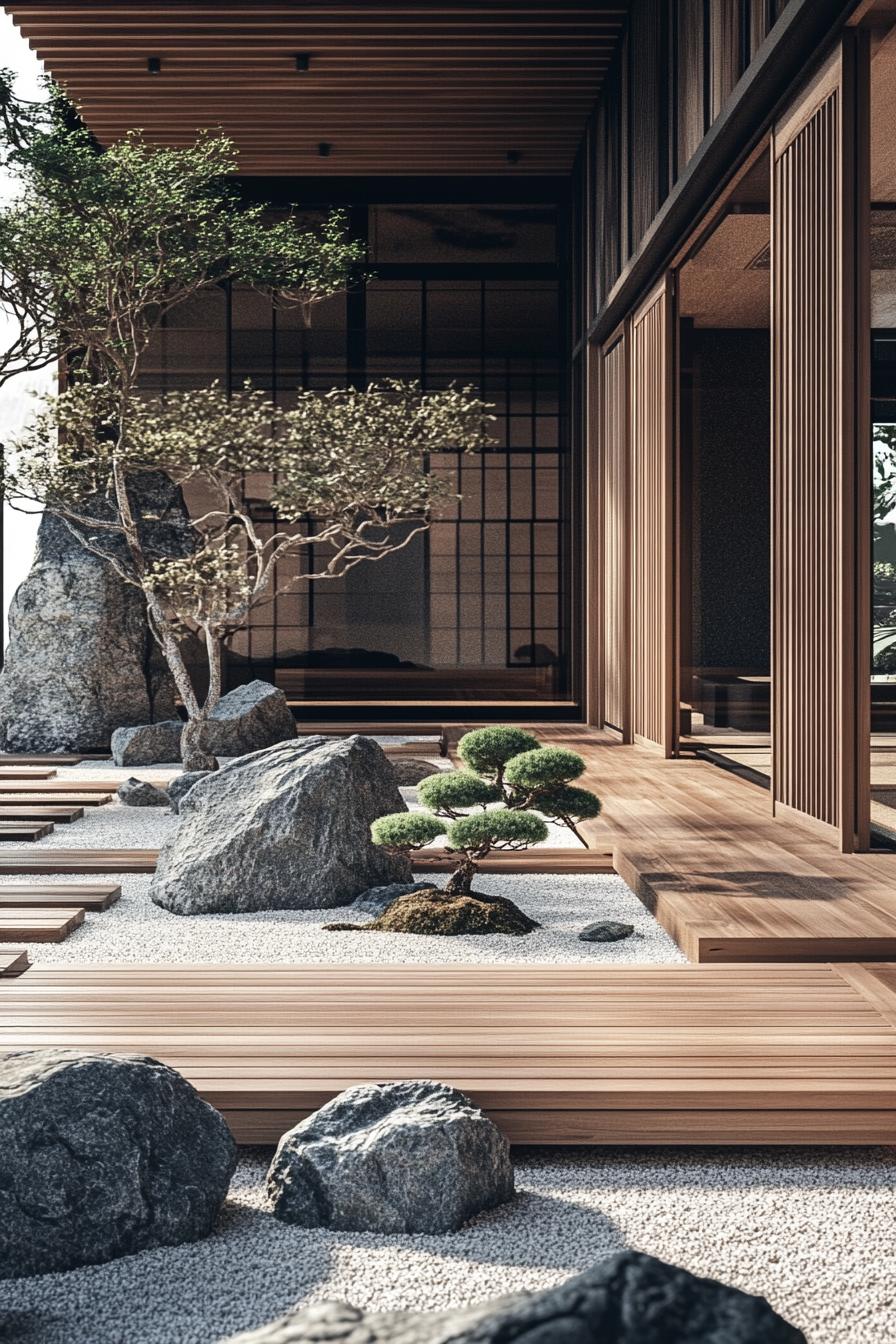 Zen garden with wooden elements and rocks