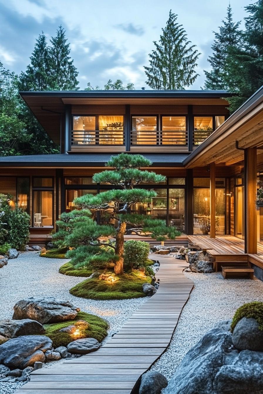 Japanese courtyard with trees, wooden walkway, and cozy lights