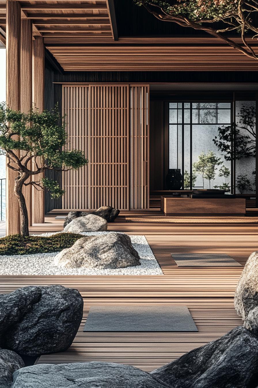 Japanese courtyard with wooden elements and garden rocks