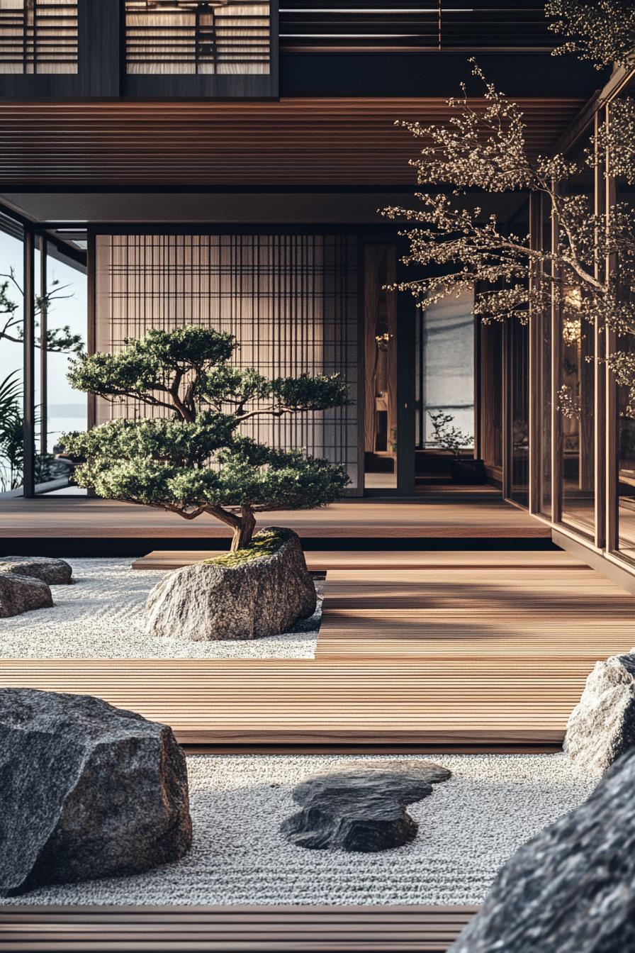 Japanese courtyard featuring a bonsai and rock garden