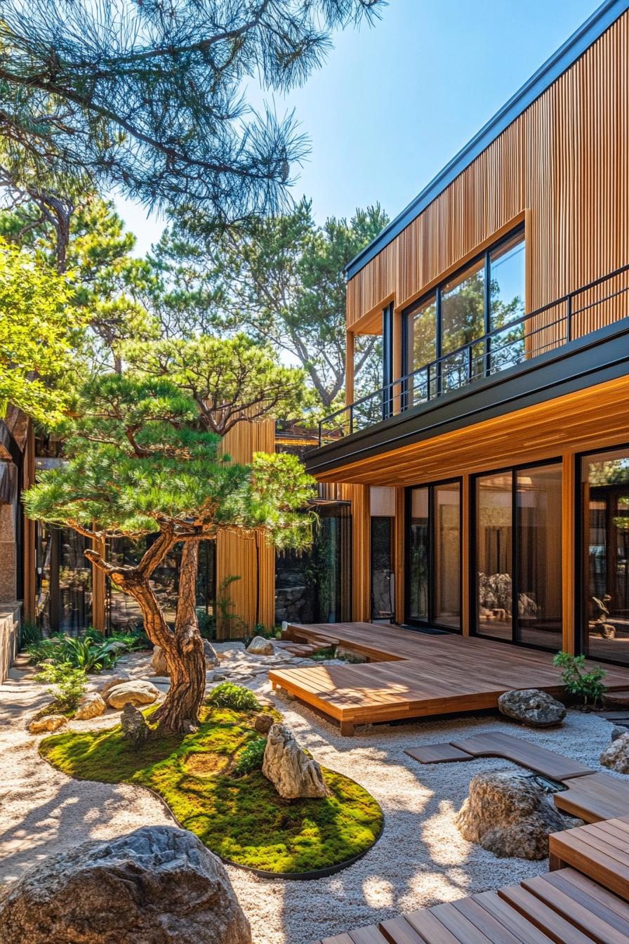 A Japanese courtyard house with wooden facades and a lush garden