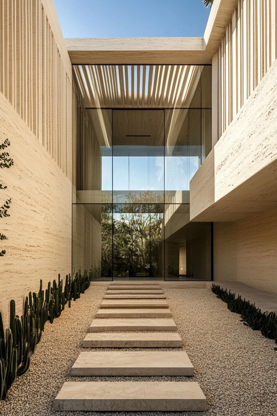 Modern house with large glass windows and step path