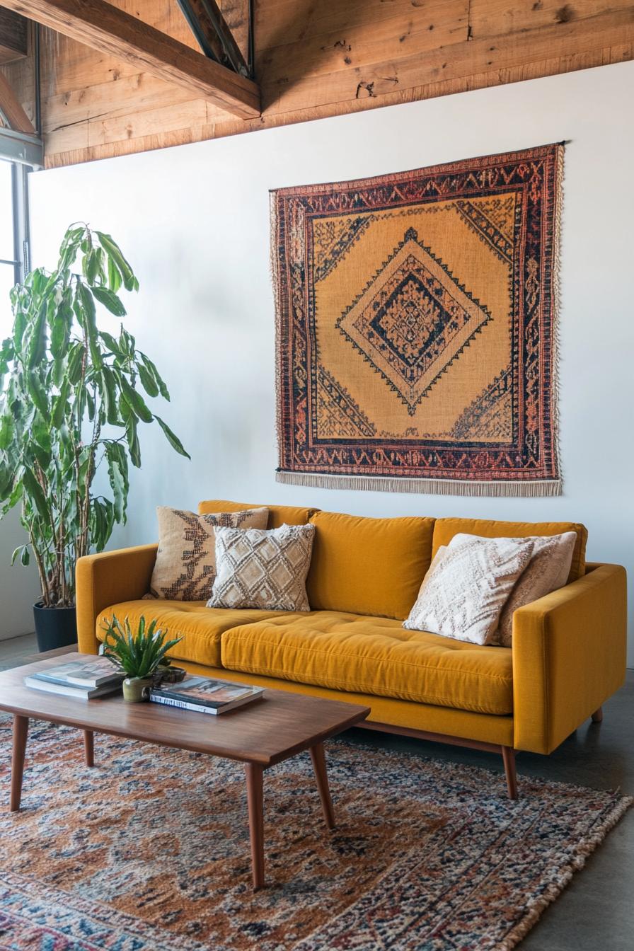 Mid-century modern living room with mustard sofa and patterned rug