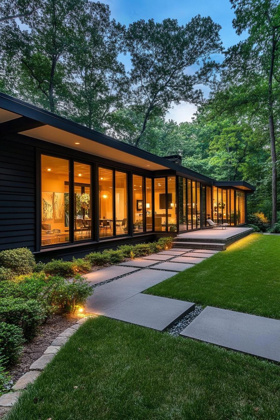 Long house surrounded by trees with illuminated windows