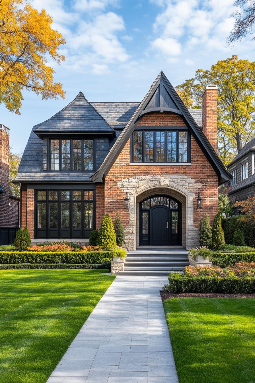 Modern Tudor house with brick and stone facade