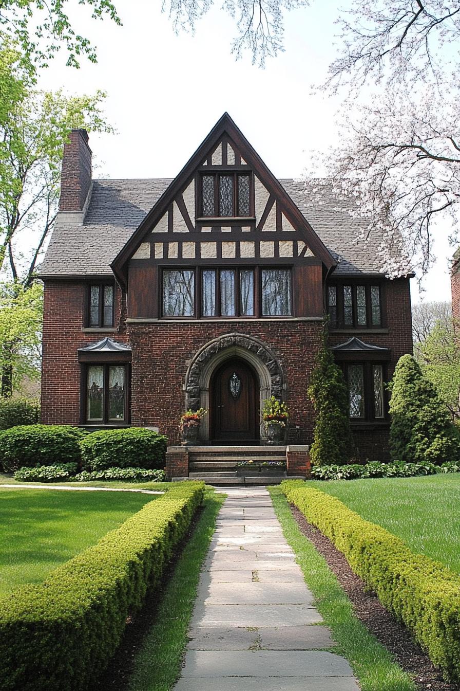 Traditional Tudor-style home with arched entry and lush garden