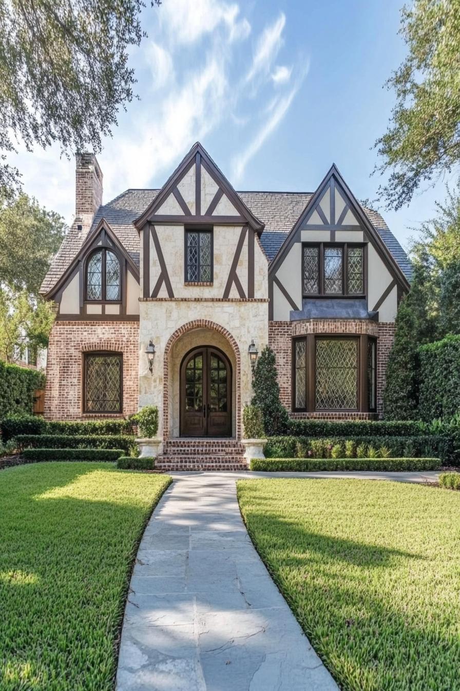 Front of a modern Tudor-style home with manicured lawn