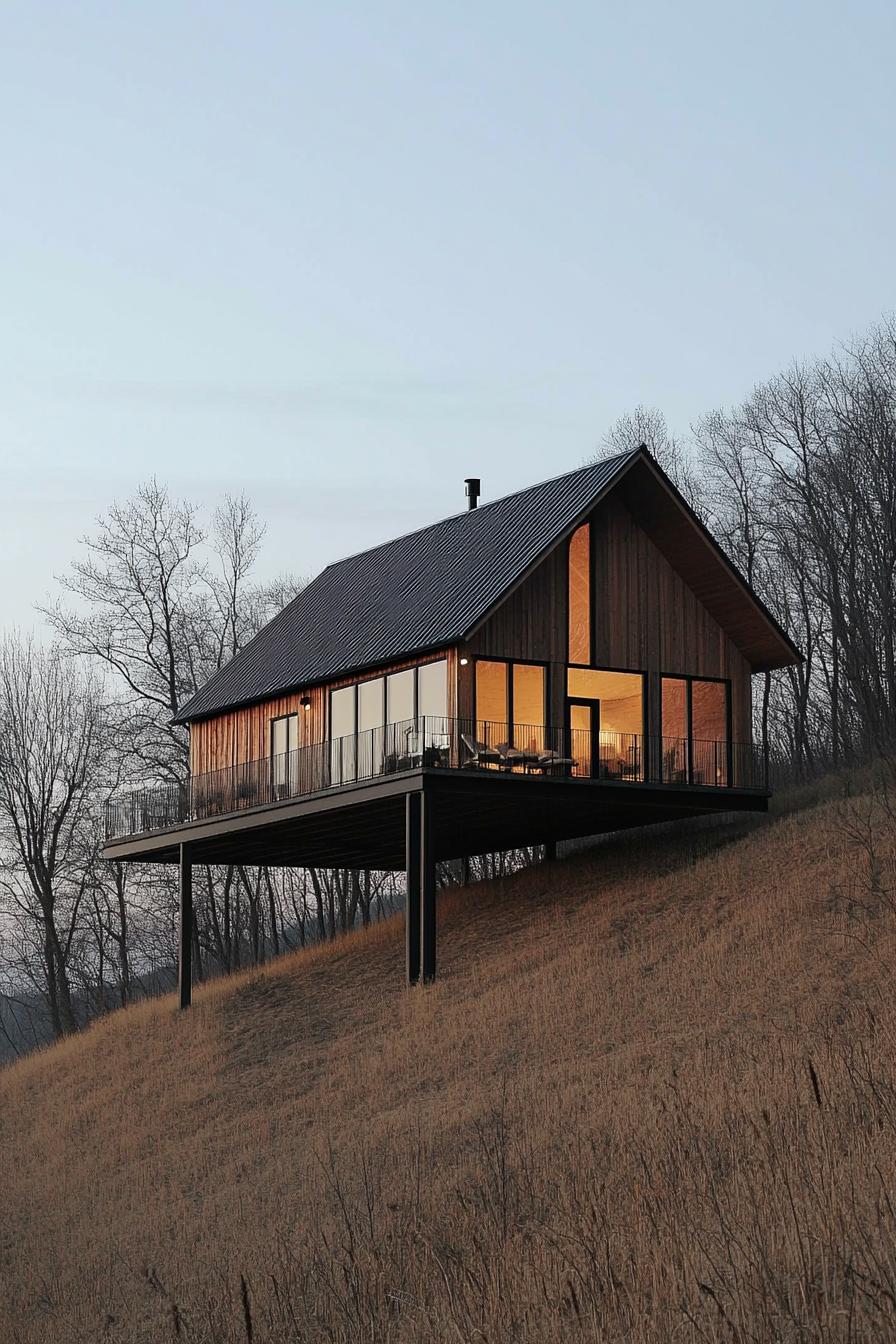 House balanced on a steep hill, surrounded by leafless trees