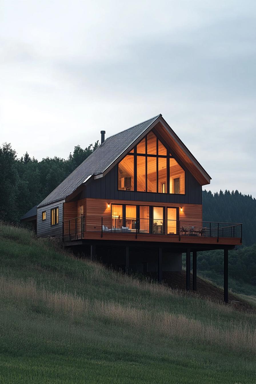 Hillside house with large windows and a cozy glow