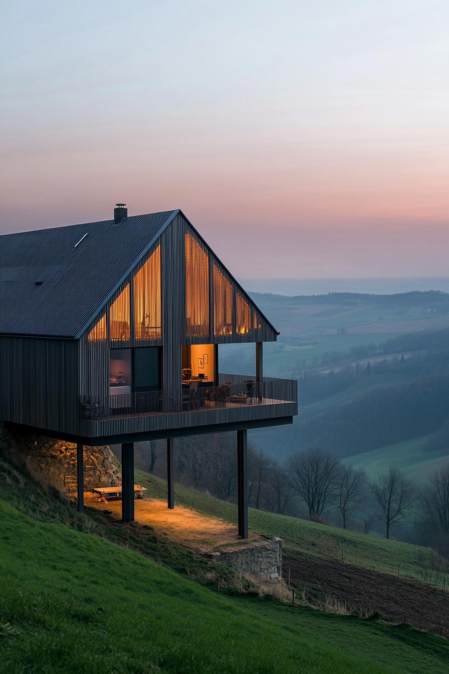 House perched on a hillside with stunning sunset views