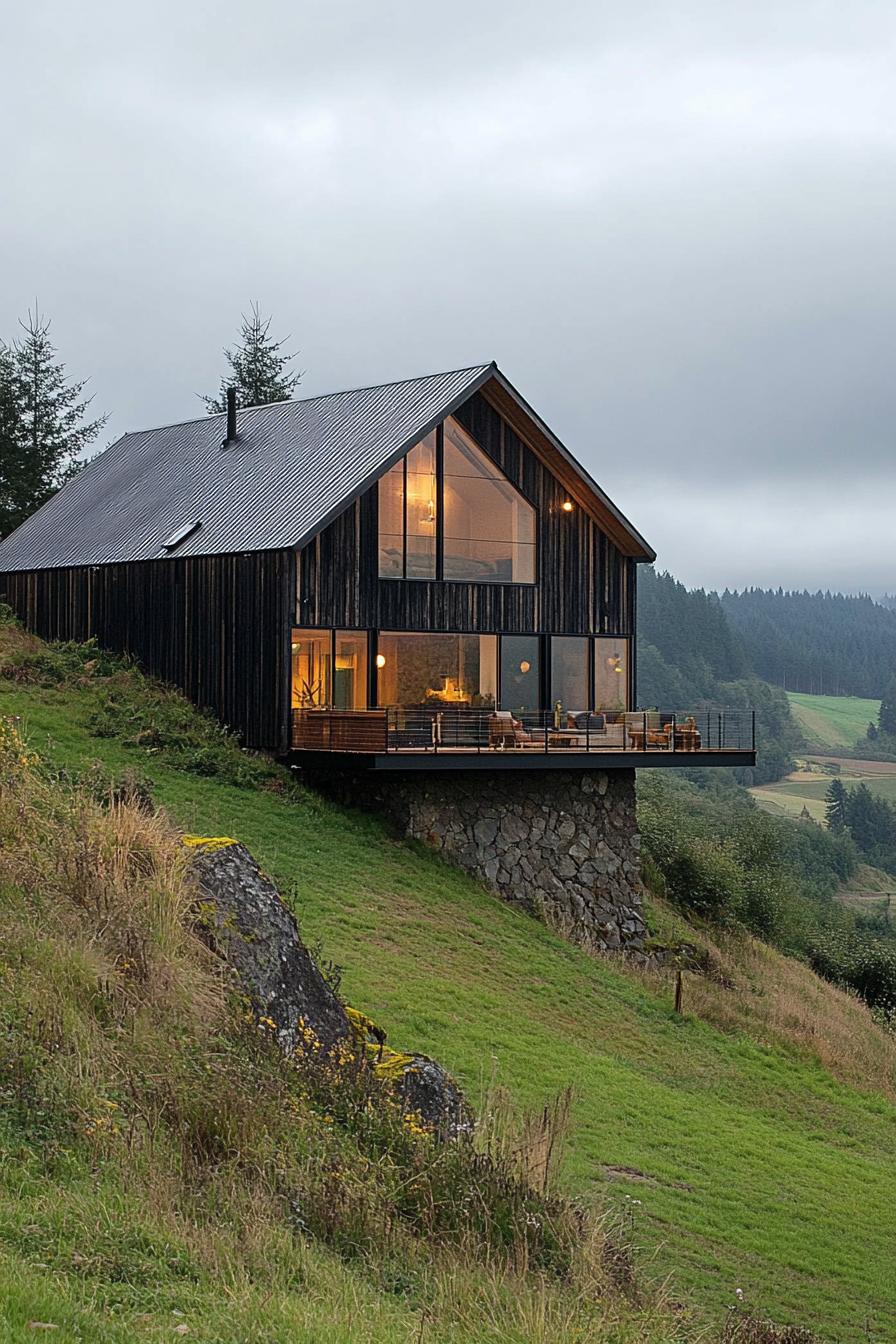 House perched on a hill with large windows and a wooden deck