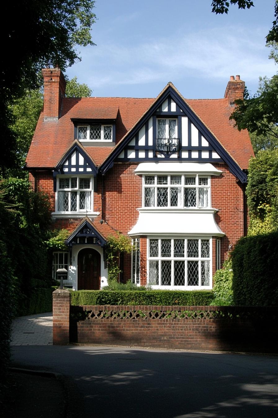 House with red brick walls and Tudor-style details