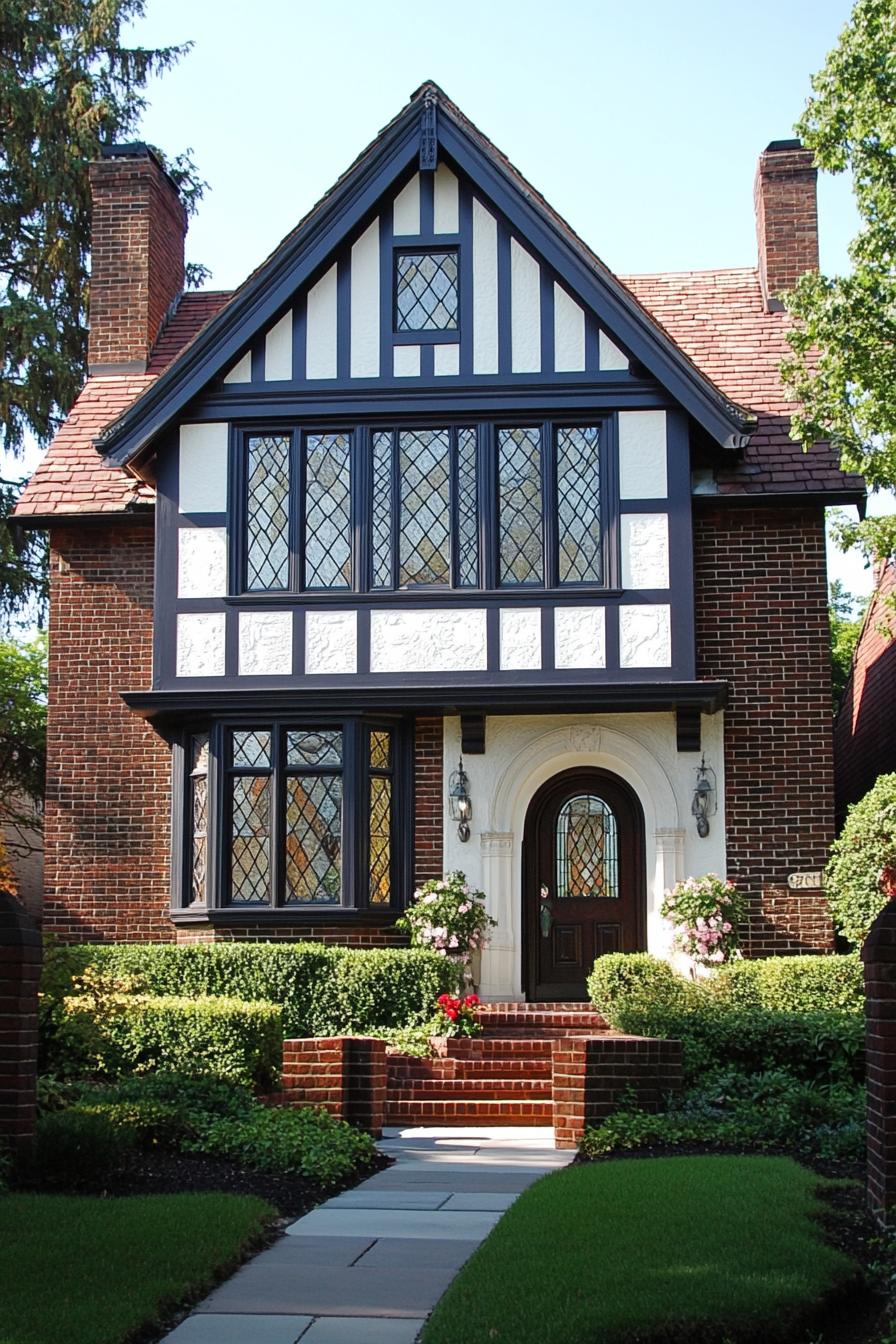 Tudor house with a brick facade and arched doorway