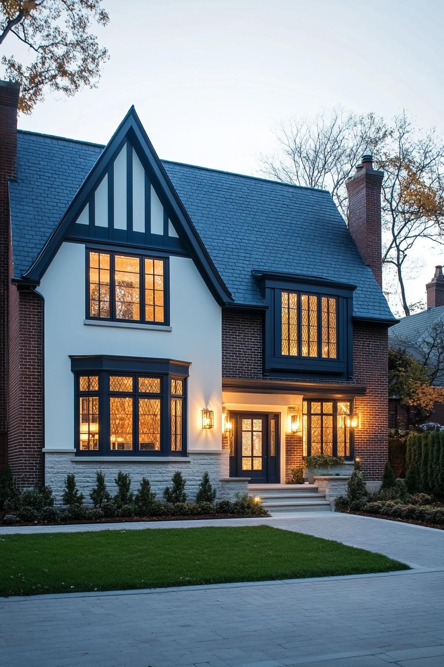 A stunning Tudor-style house with illuminated windows and lush greenery