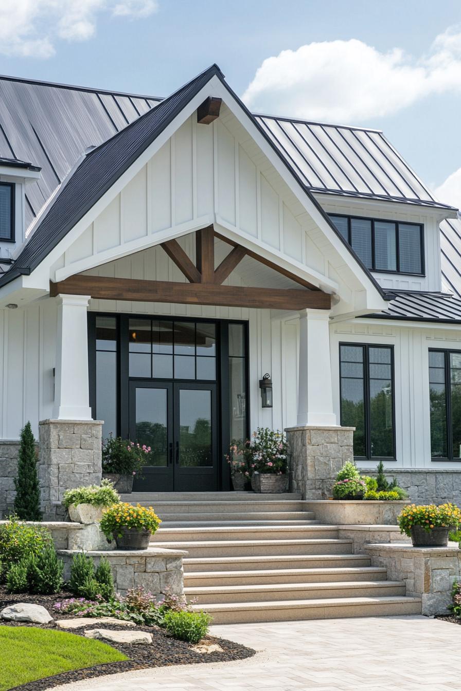 Front entrance of a modern house with stone steps and white siding