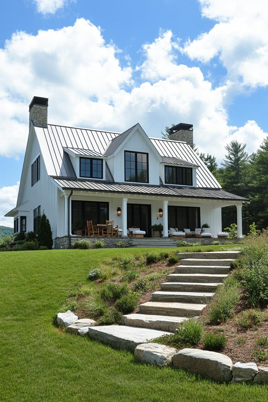 Picturesque white farmhouse with metal roof and lush lawn