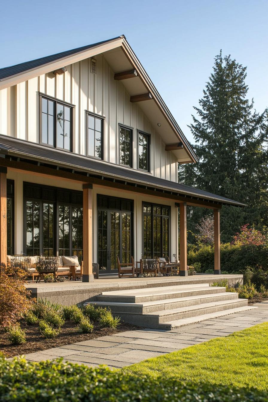 Modern farmhouse with large windows and a cozy porch