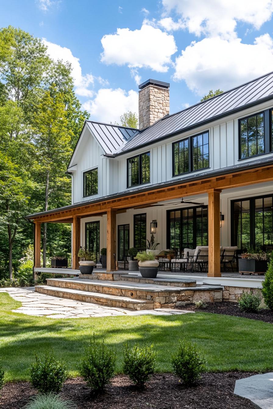 Modern farmhouse with wooden porch and stone steps