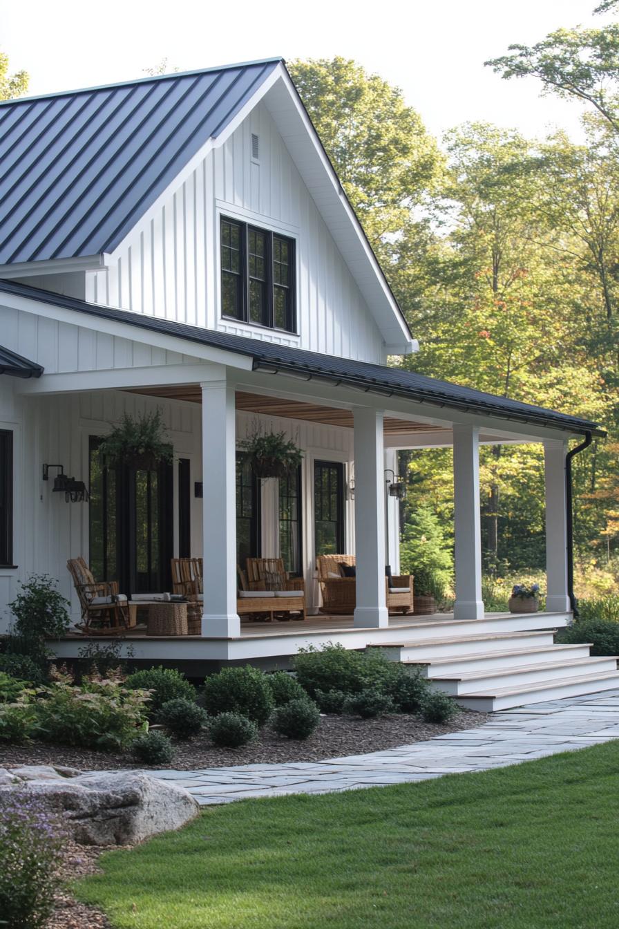 White farmhouse with porch and greenery