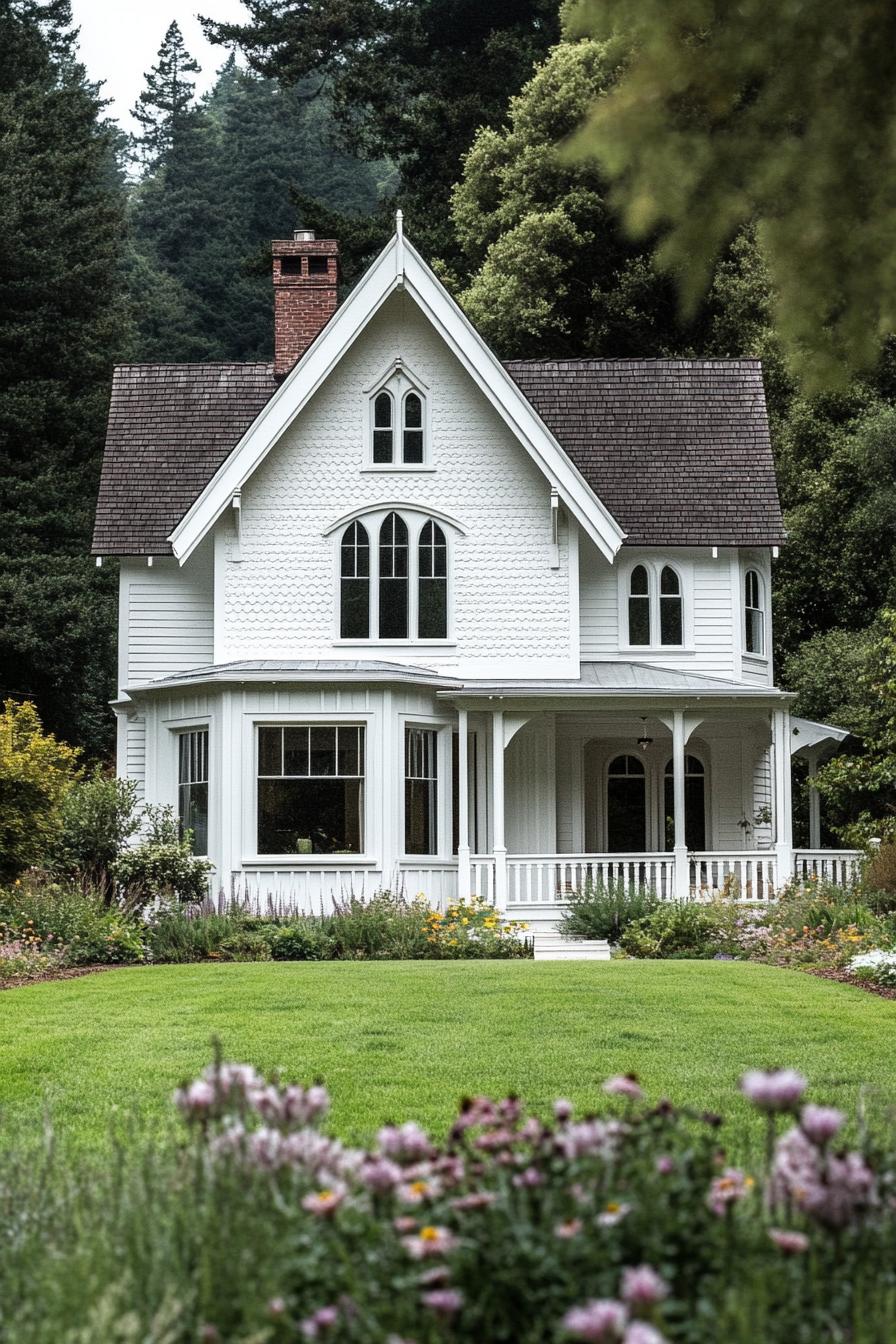 White Gothic-style house with gabled roof and porch