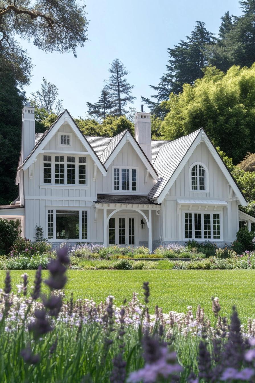 Charming white Gothic house with lush green lawn and trees