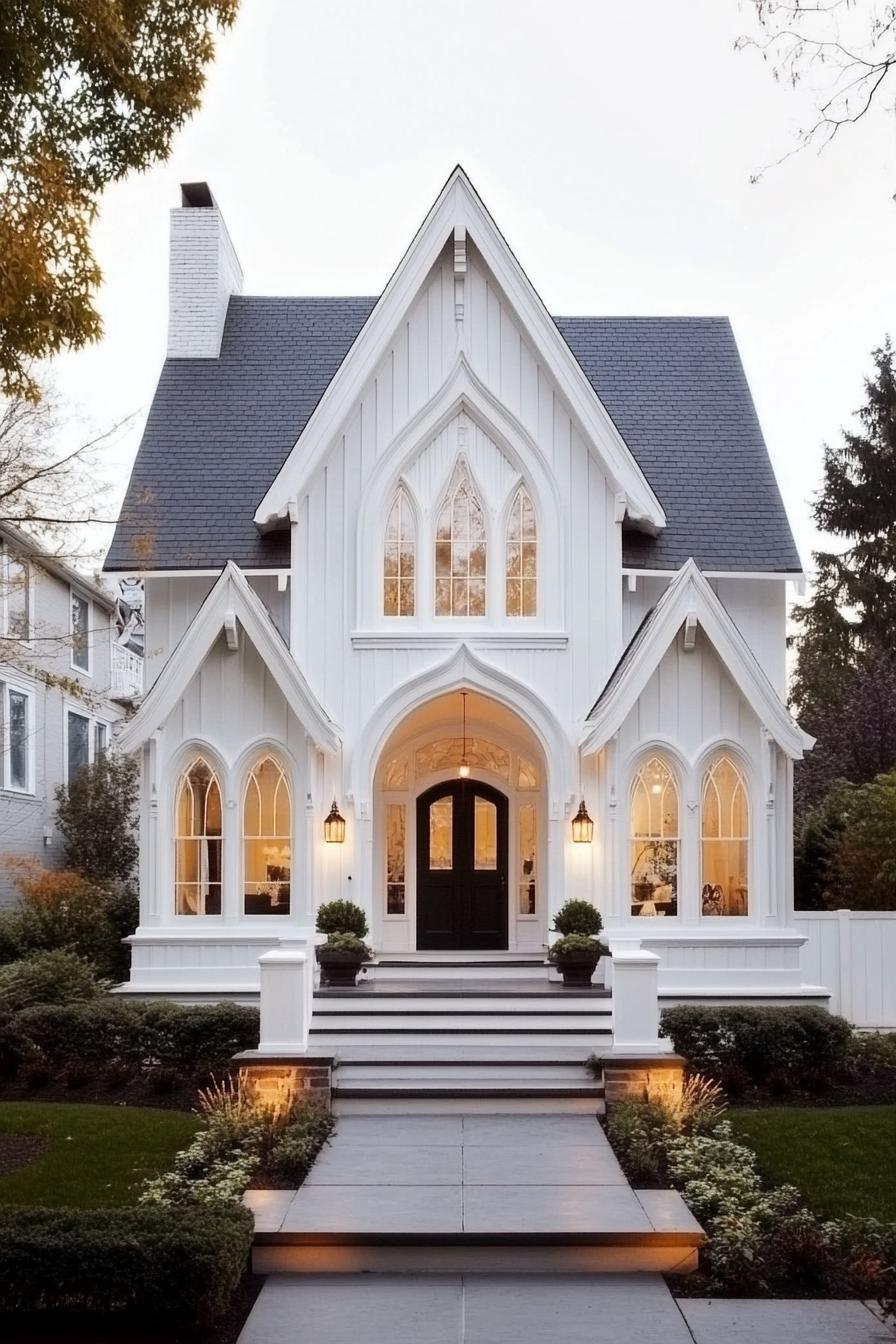 White Gothic Revival house with arched windows