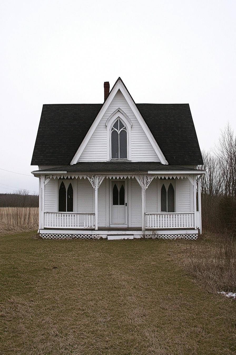 White Gothic-style house with steep roof and pointed windows