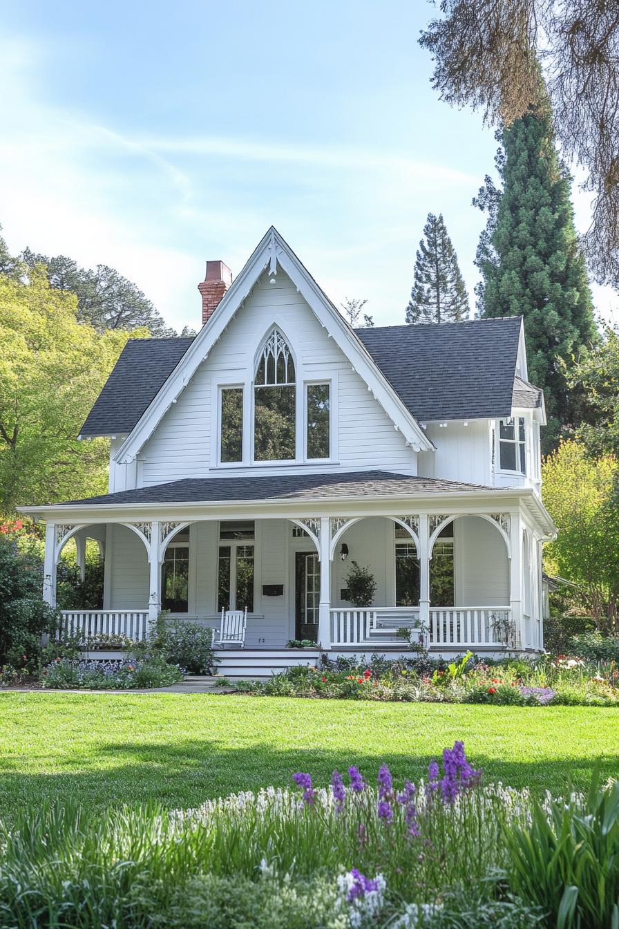 White wooden Gothic house with arched windows and a charming porch