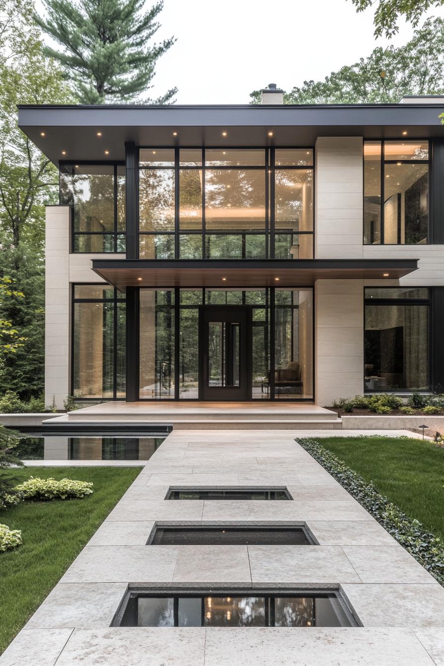 Contemporary house with glass façade and reflective pond