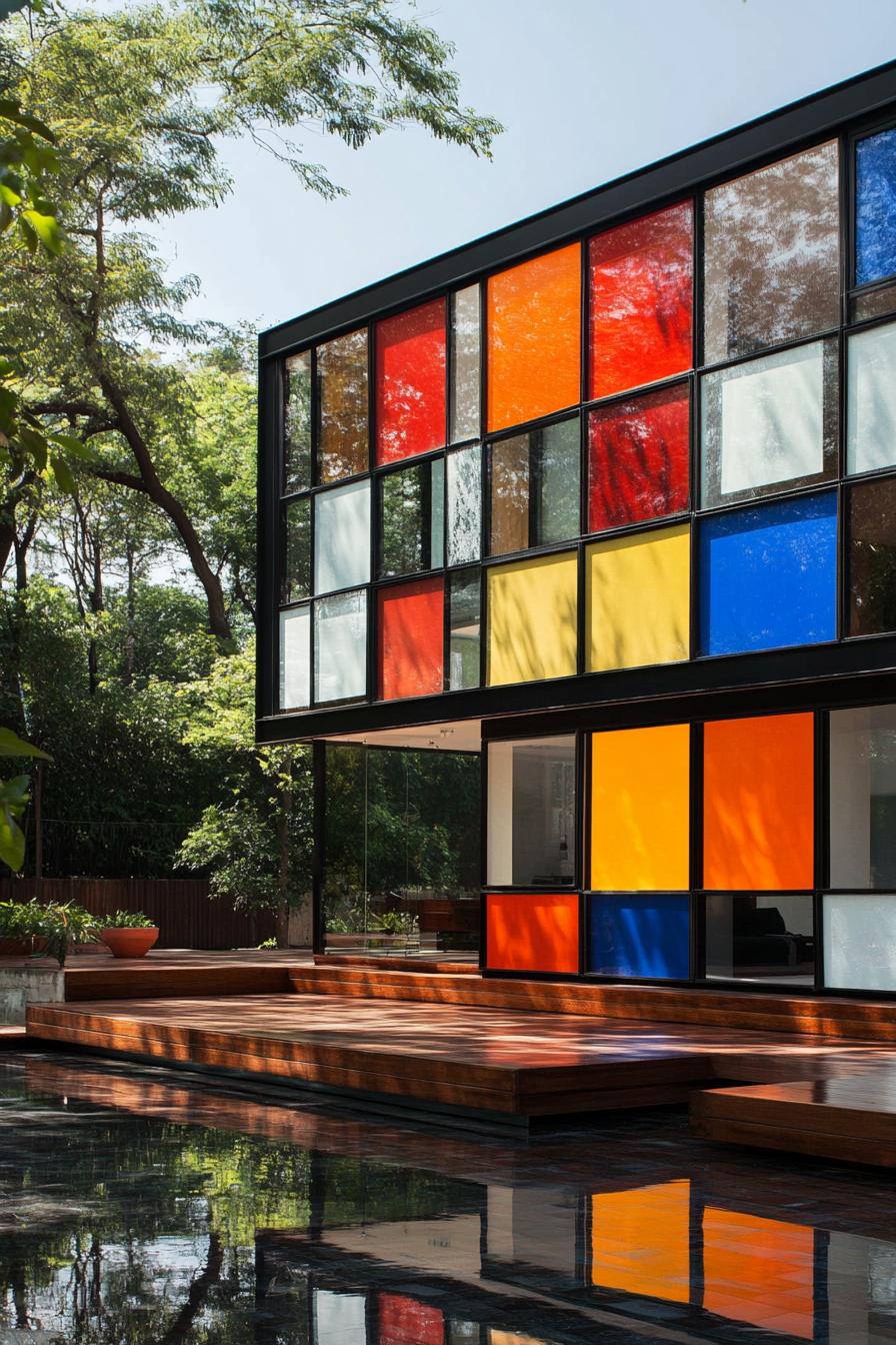 Colorful glass-panel façade with surrounding greenery