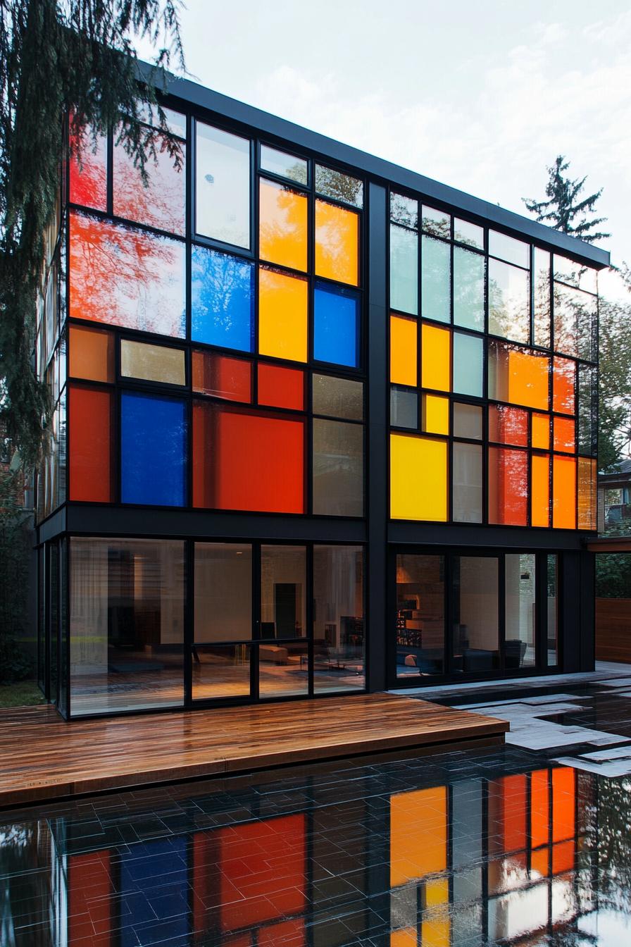 Modern building with colorful stained glass façade