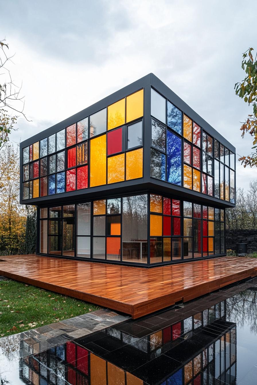 Colorful, modern glass house with wooden deck