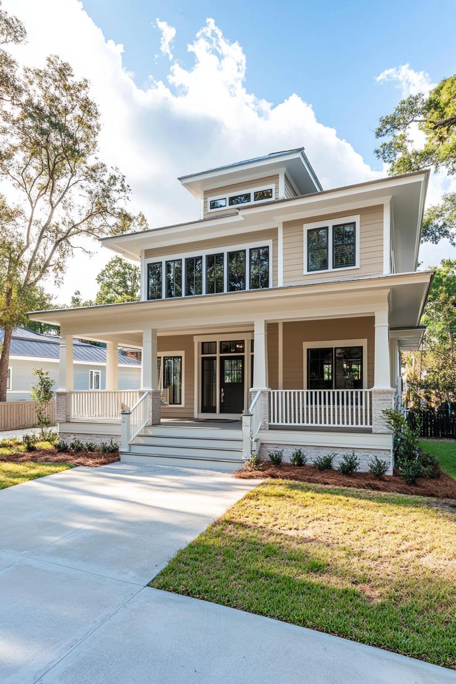 Modern split level house with wraparound porch