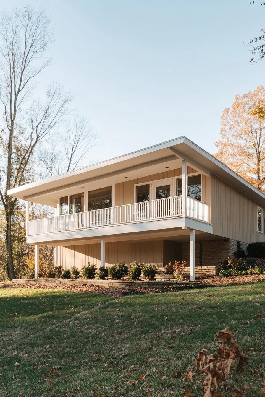 Contemporary split level home with beige siding and white balcony