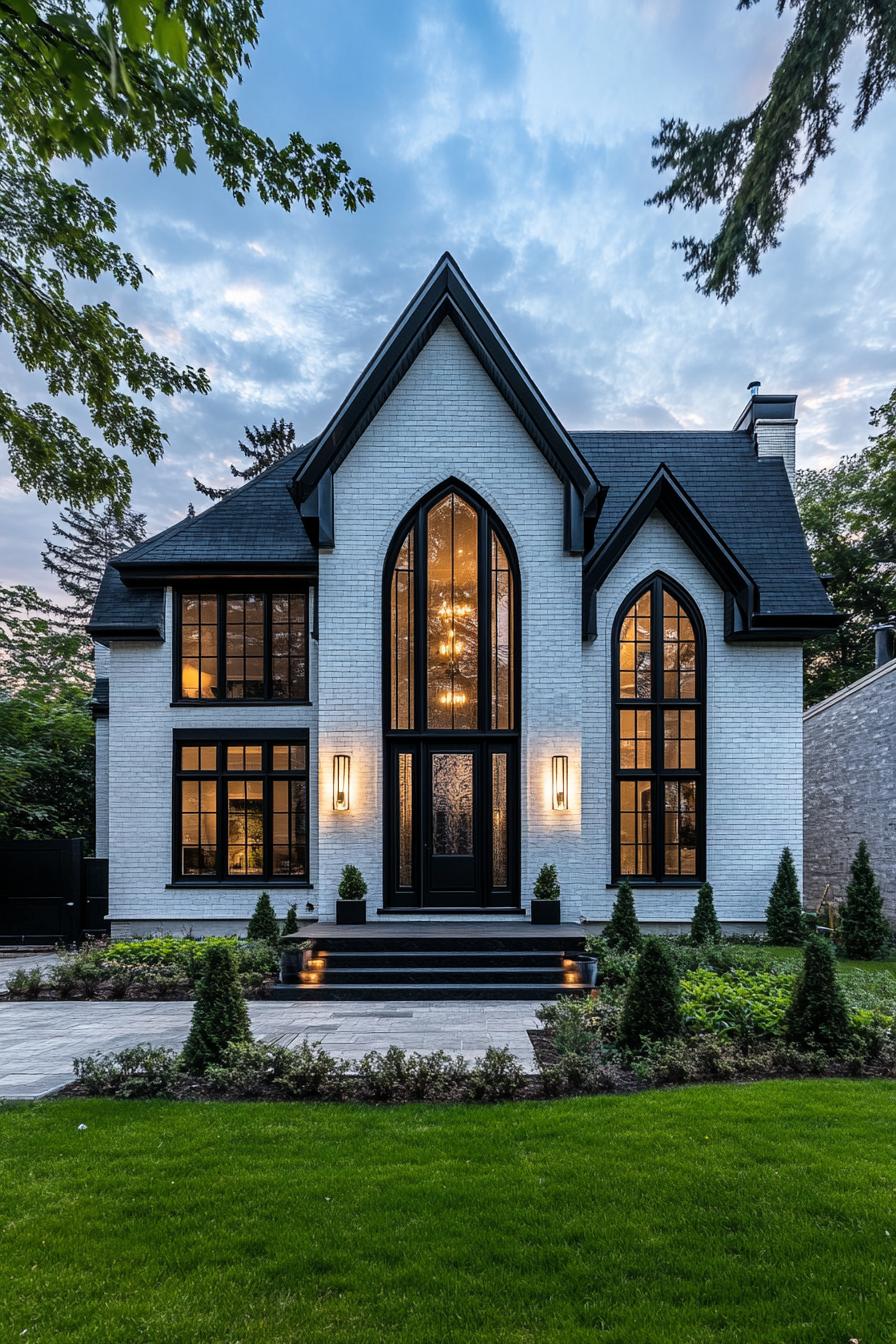 Elegant white brick home with striking black trim and large arched windows