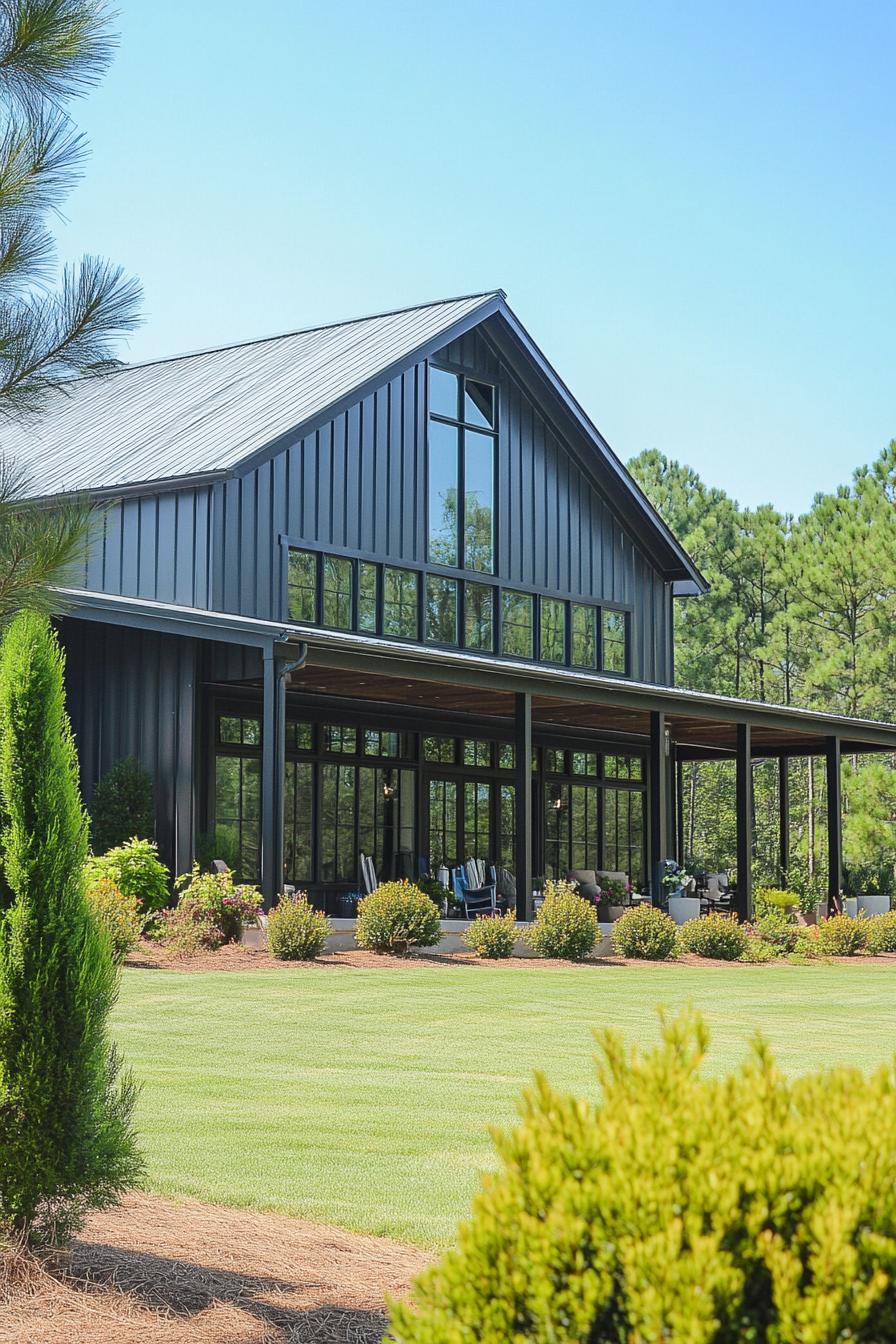 Metal home with large windows and lush surroundings