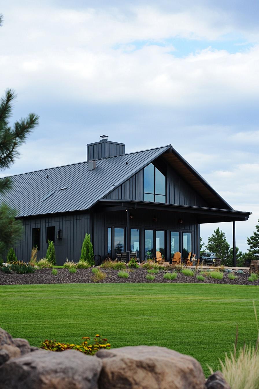 Dark metal house with glass windows and sloping roof