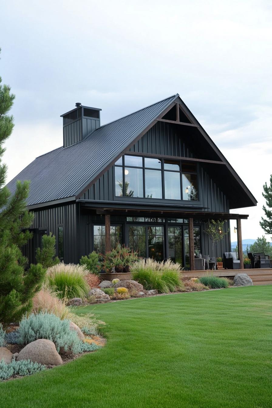 A stunning black metal home with large windows and lush landscaping