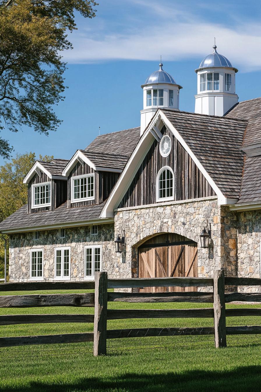 Modern stone barn with rustic wooden accents and cupolas