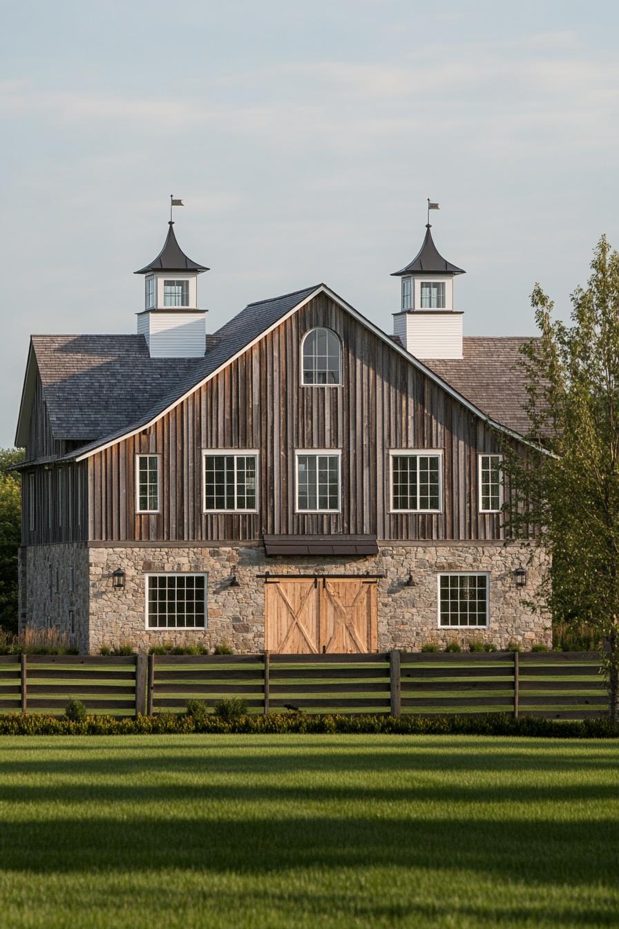 Modern stone barn with wooden siding and two cupolas