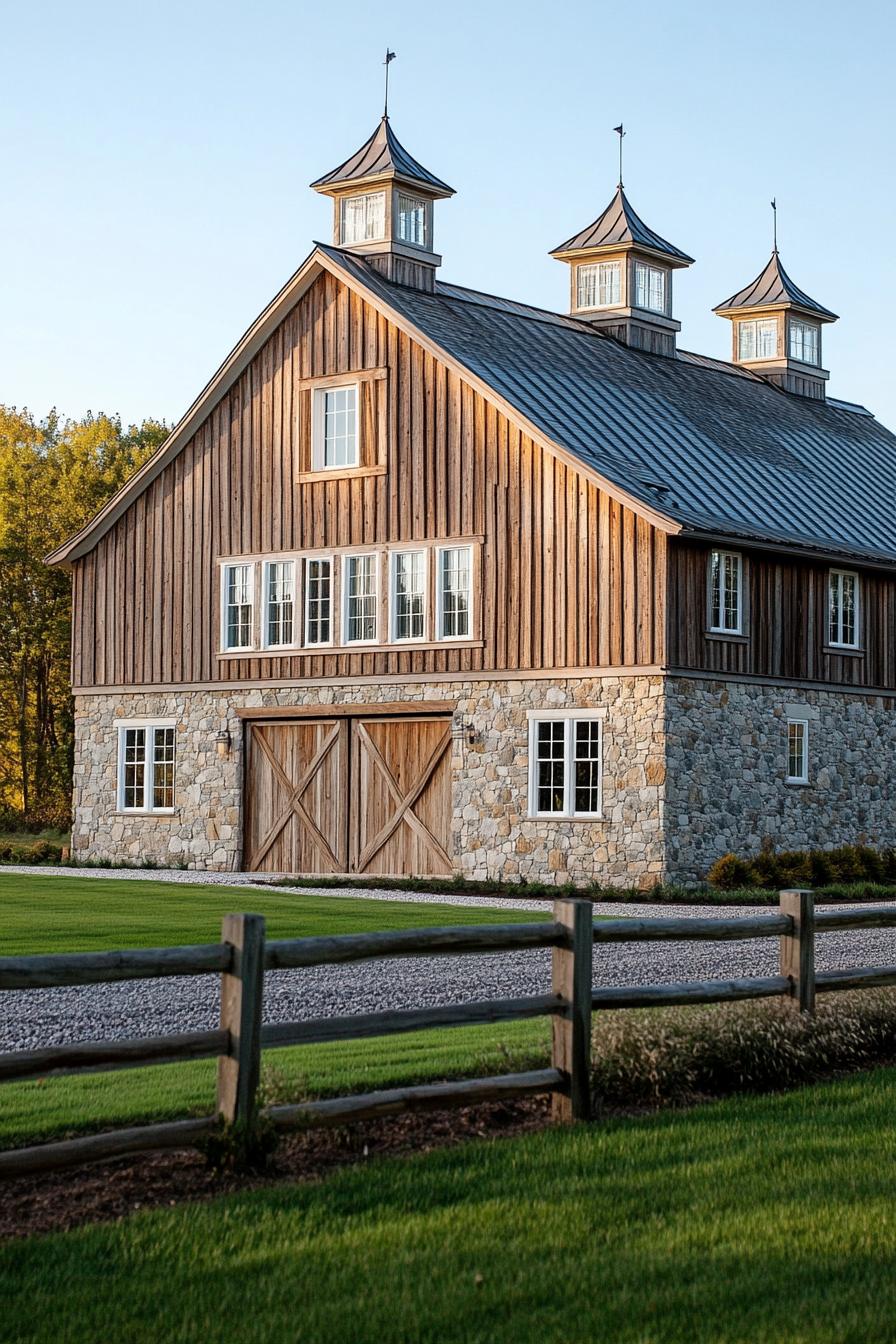 Charming stone-and-wood barn with symmetrical lines