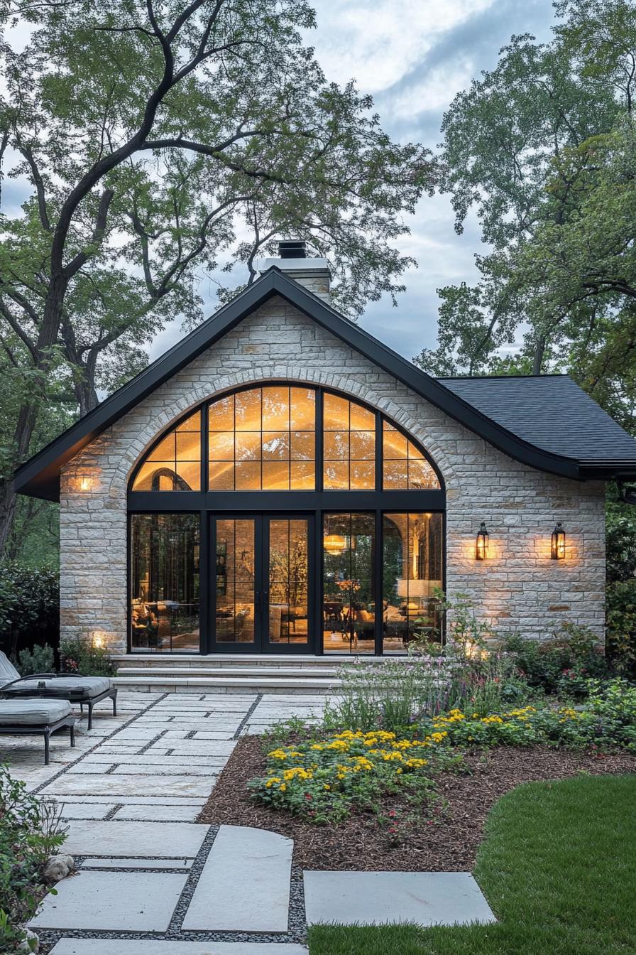 Stone house with large arched window and garden