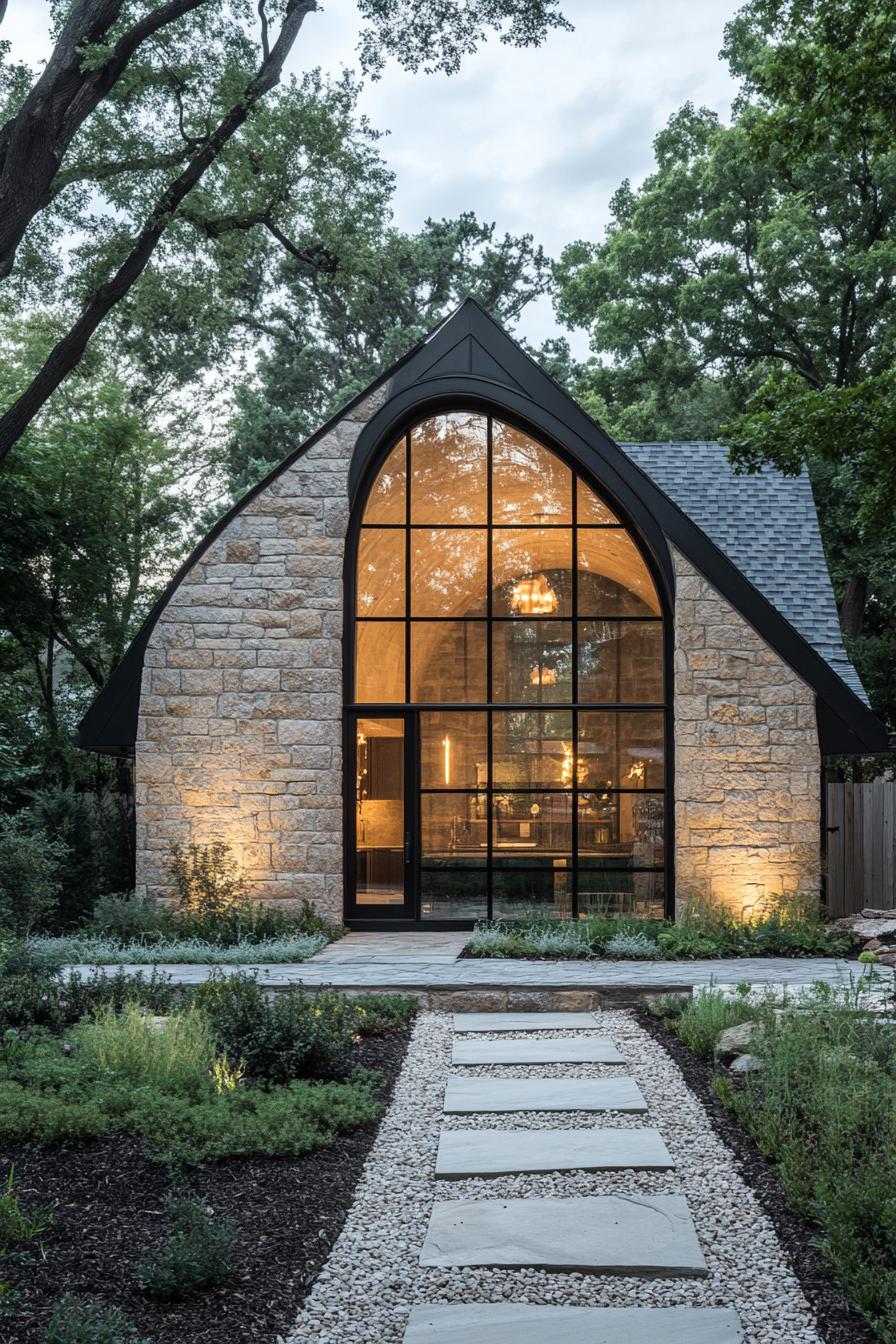 Modern stone house with large arched window